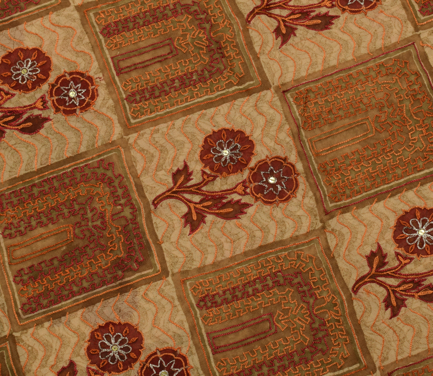 Sushila Vintage Light Brown Saree Pure Georgette Silk Embroidered Sari Fabric