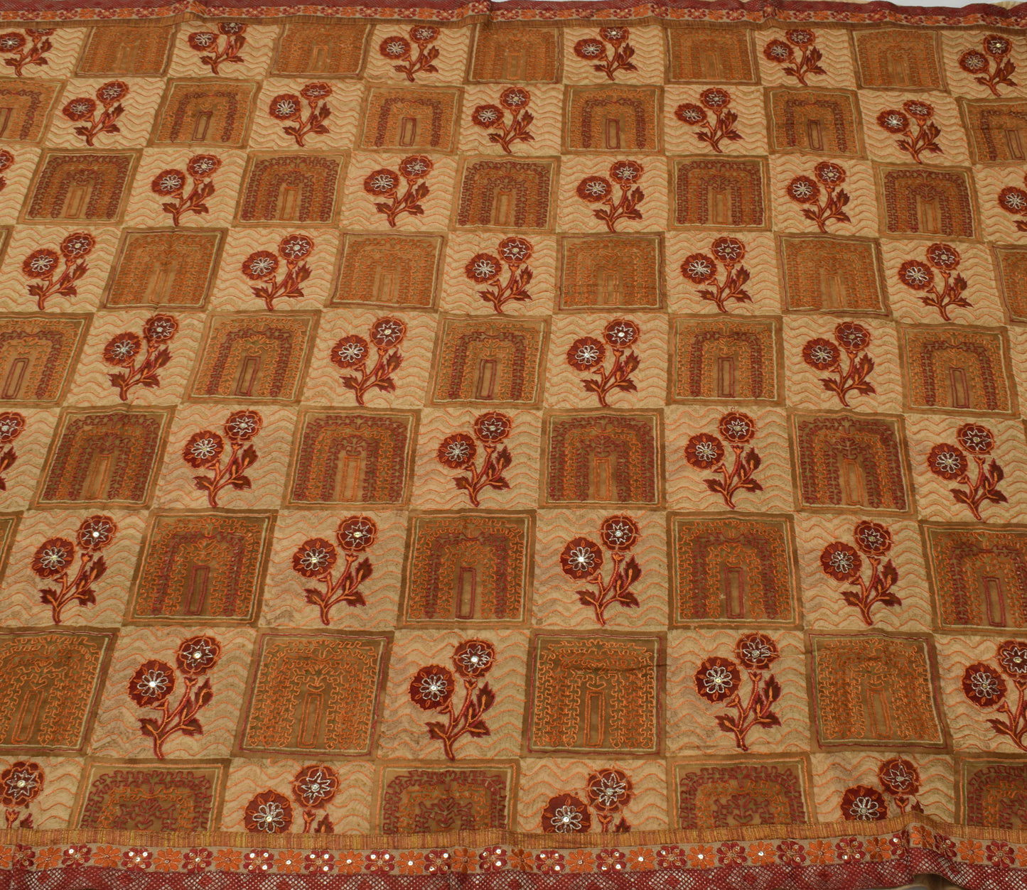 Sushila Vintage Light Brown Saree Pure Georgette Silk Embroidered Sari Fabric