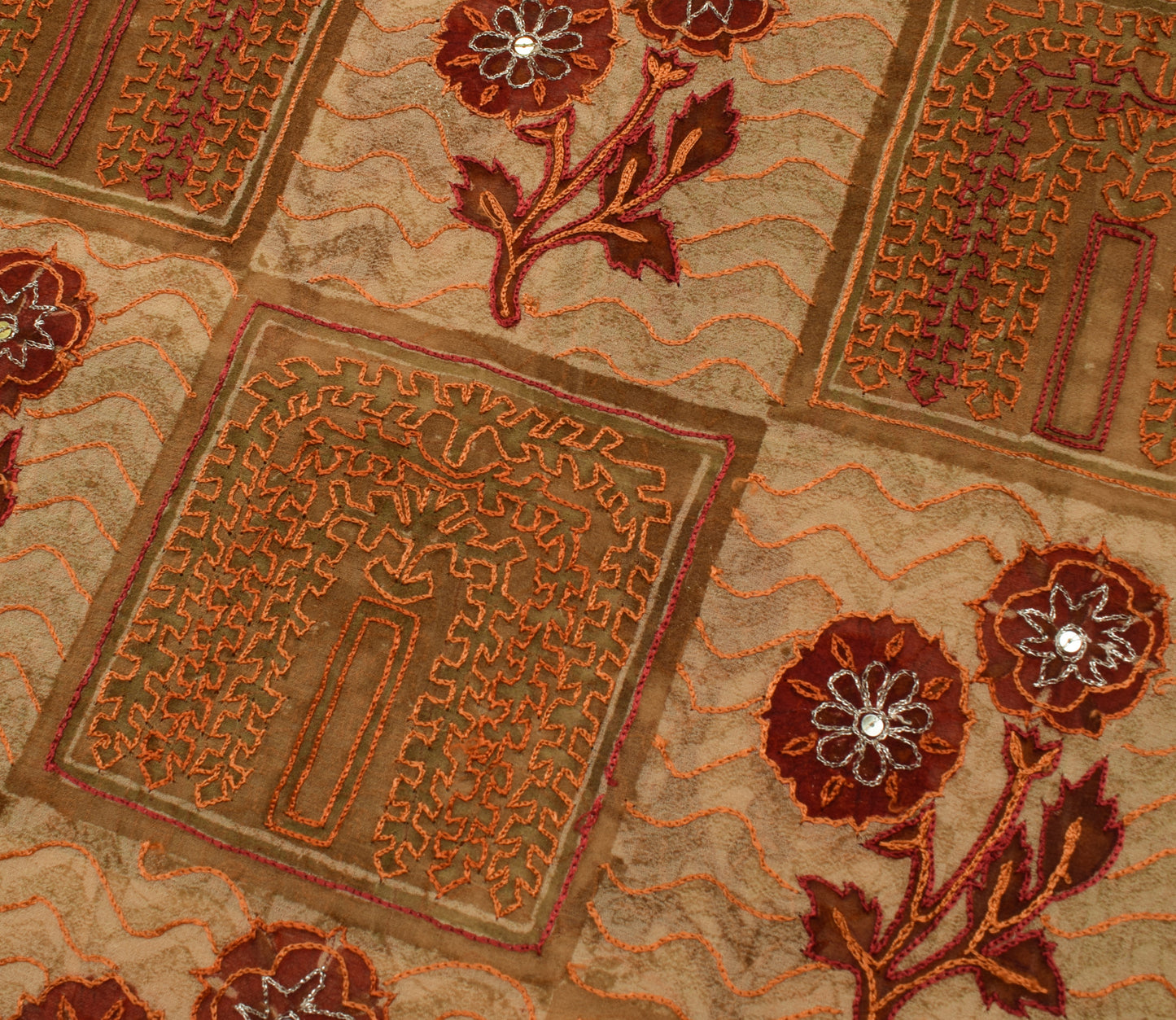 Sushila Vintage Light Brown Saree Pure Georgette Silk Embroidered Sari Fabric