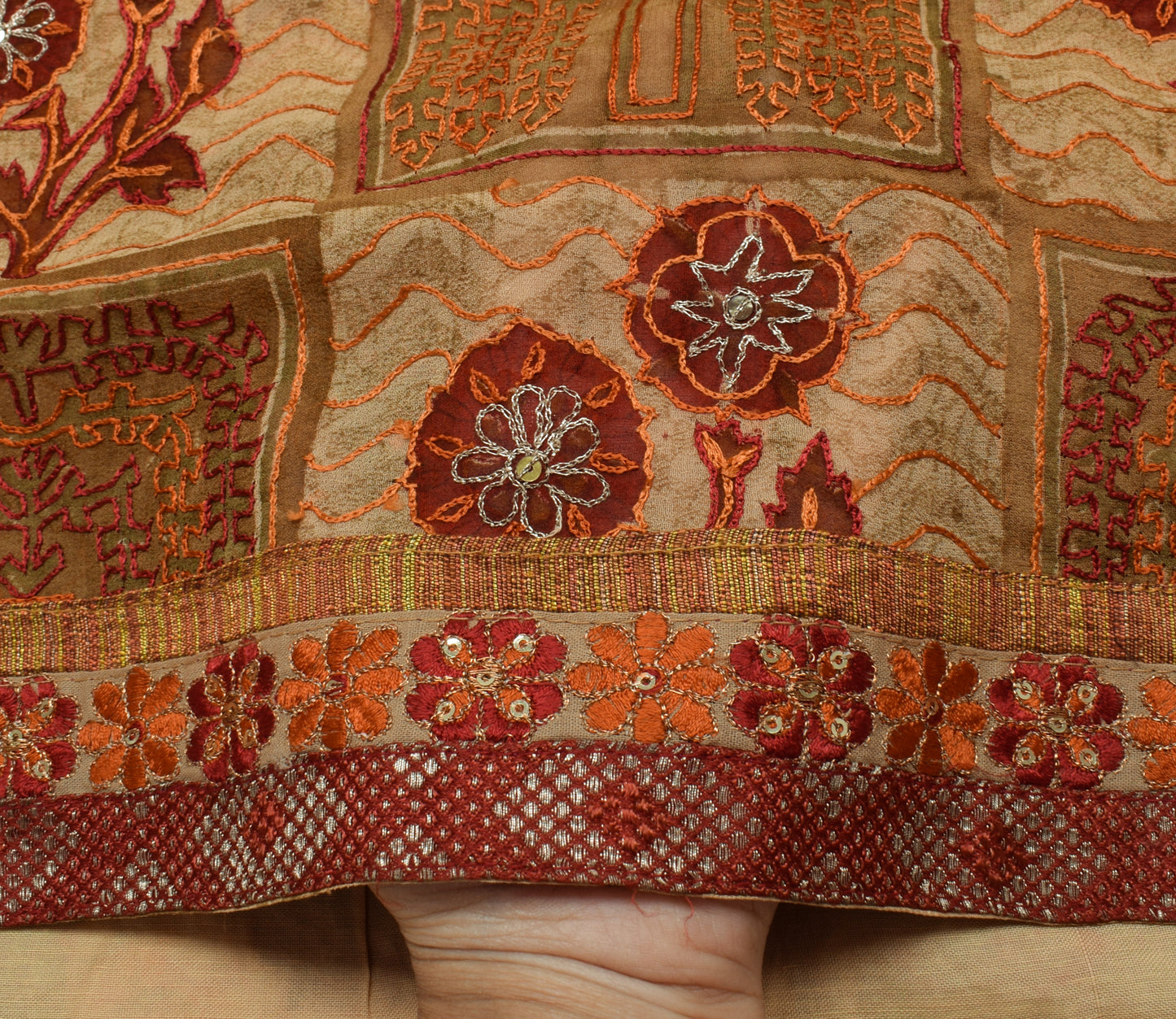 Sushila Vintage Light Brown Saree Pure Georgette Silk Embroidered Sari Fabric
