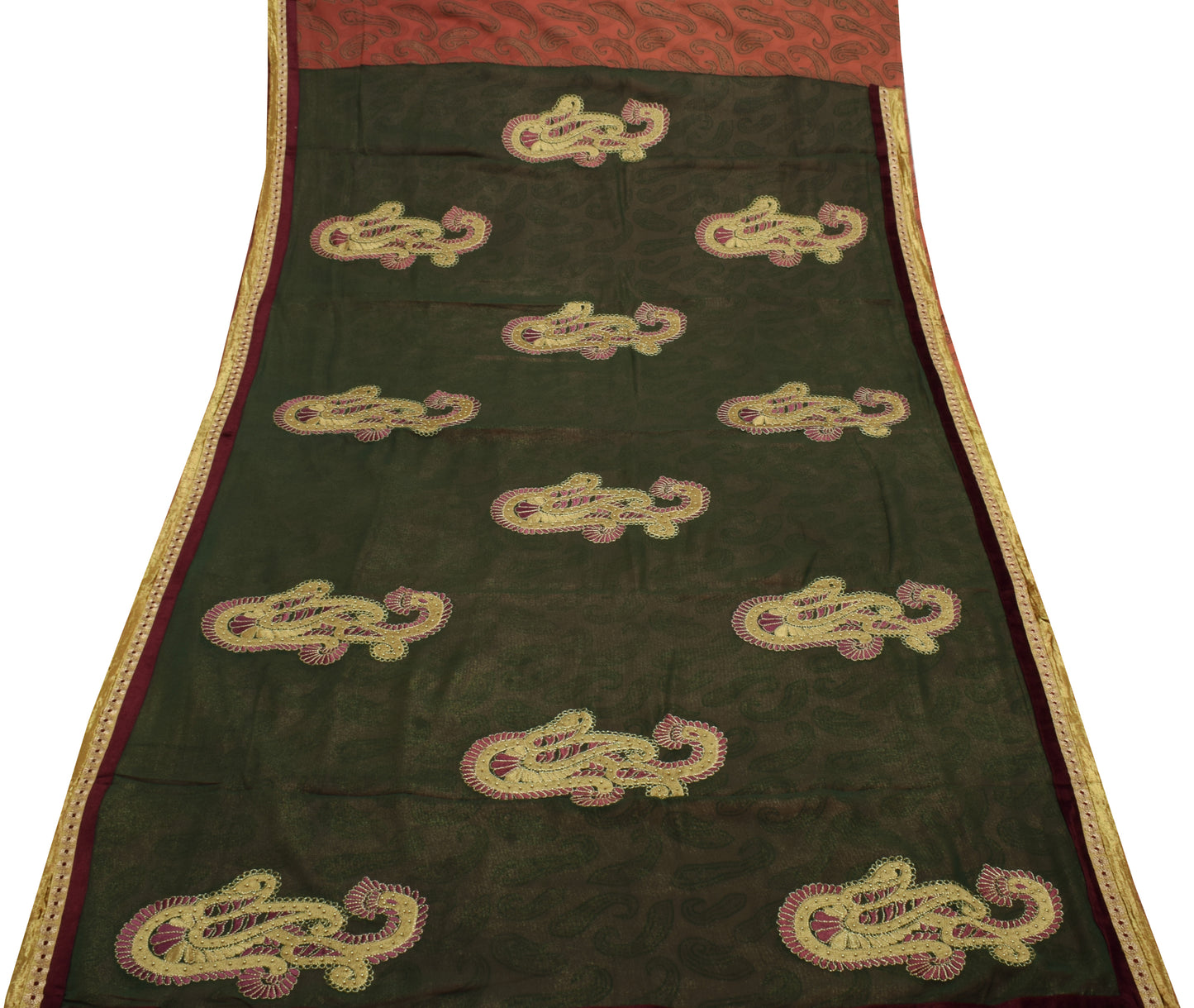 Sushila Vintage Green Saree Blend Georgette Silk Embroidered Floral Sari Fabric