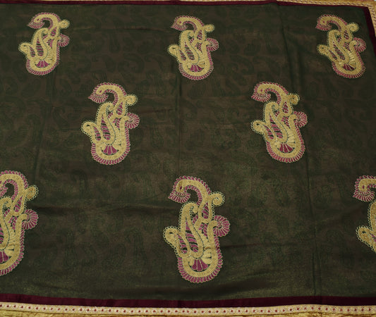 Sushila Vintage Green Saree Blend Georgette Silk Embroidered Floral Sari Fabric
