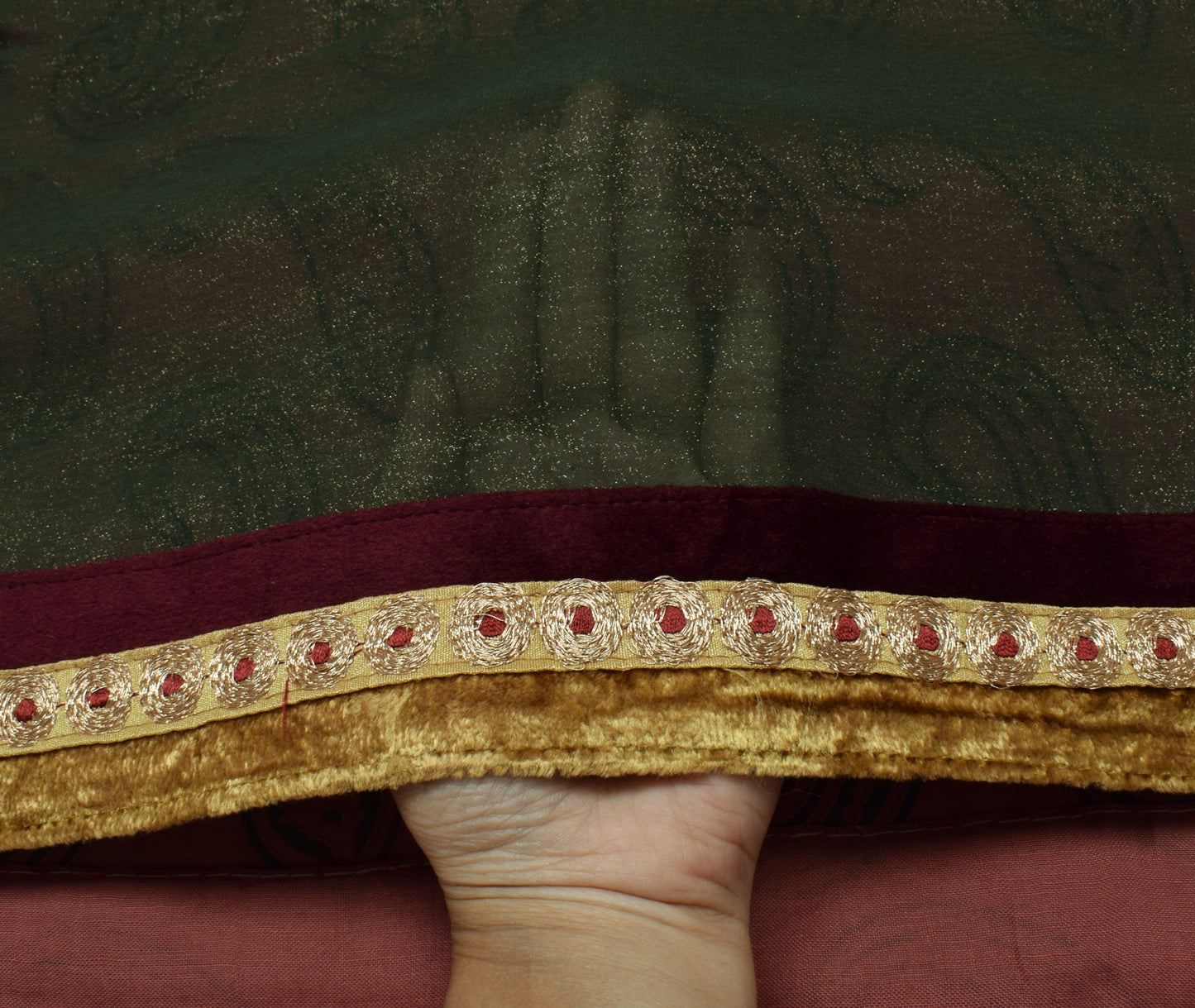 Sushila Vintage Green Saree Blend Georgette Silk Embroidered Floral Sari Fabric