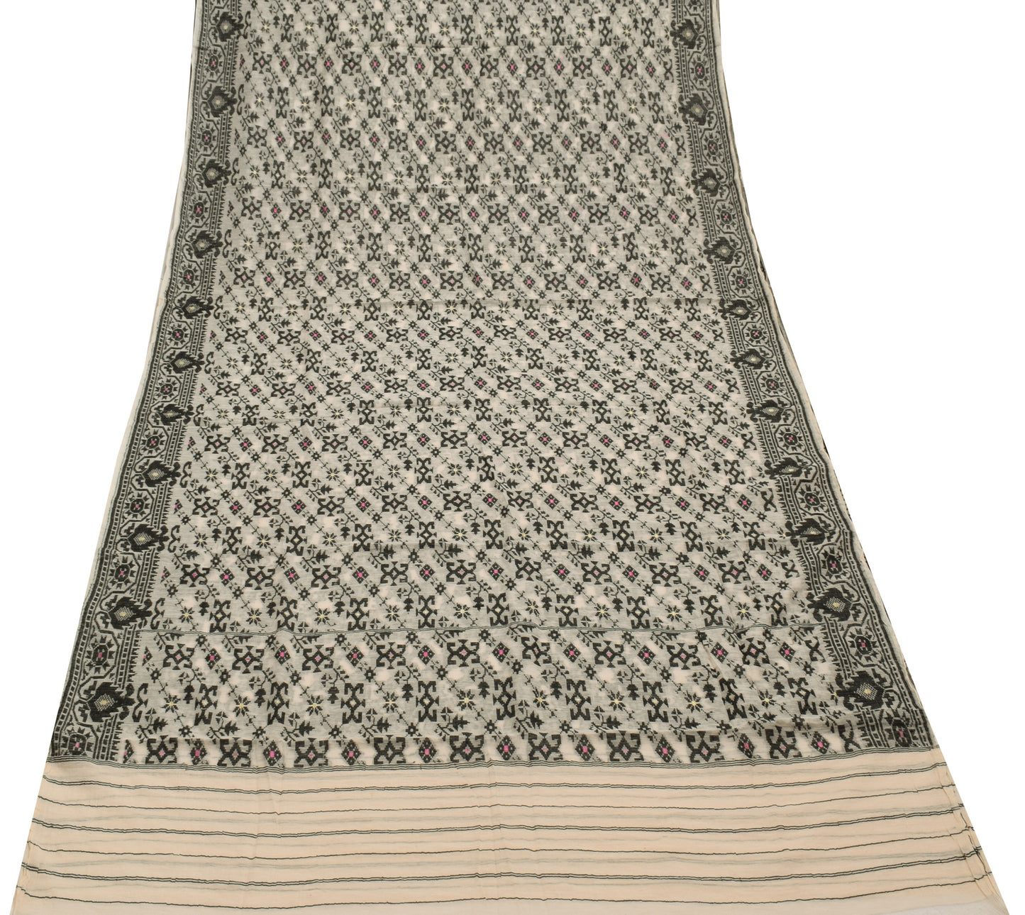 Sushila Vintage Cream Saree Pure Cotton Woven Floral Sari Craft 5 Yard Fabric