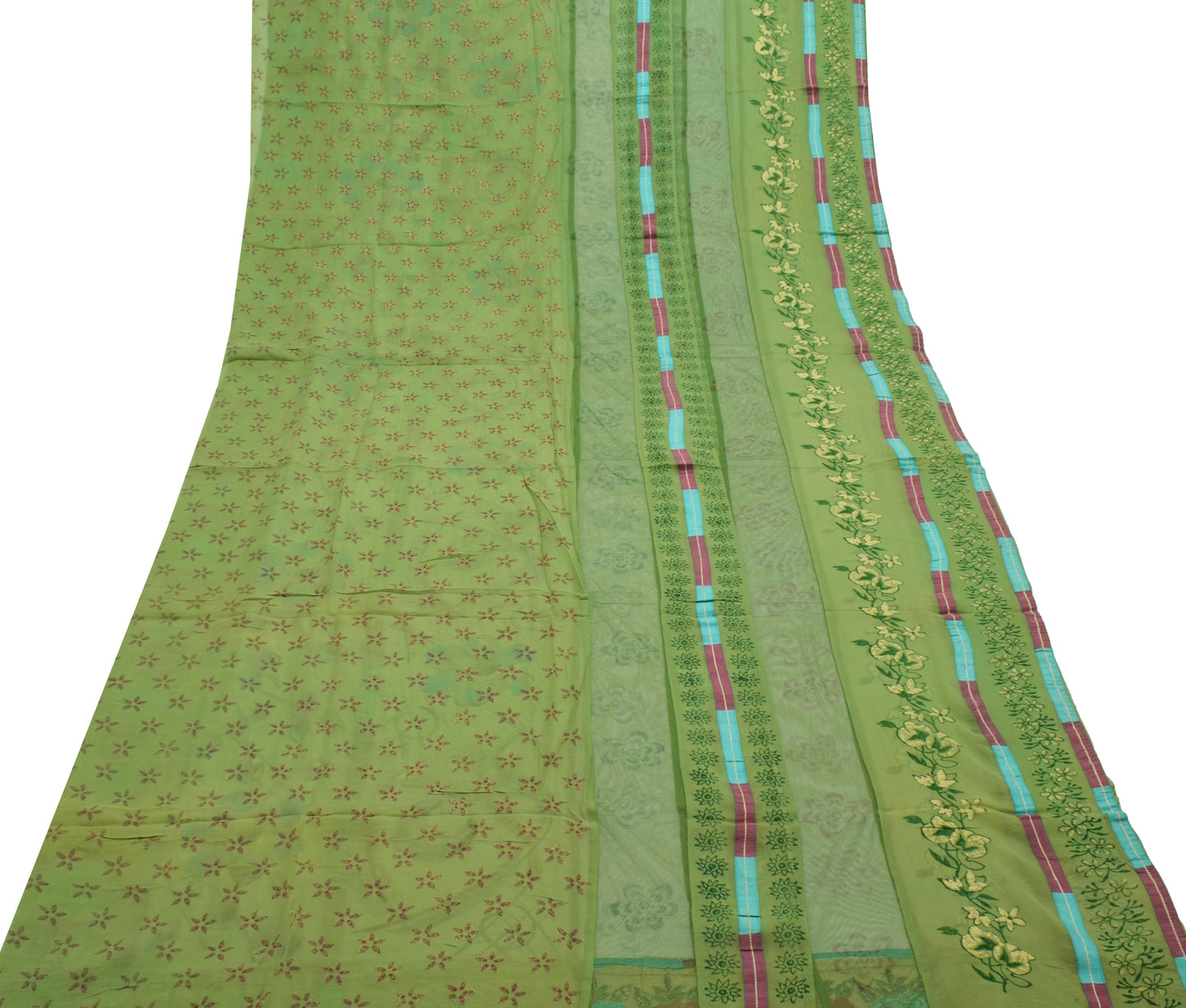 Sushila Vintage Green Saree Pure Georgette Silk Printed Floral Sari Craft Fabric
