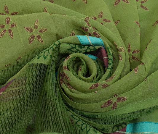 Sushila Vintage Green Saree Pure Georgette Silk Printed Floral Sari Craft Fabric