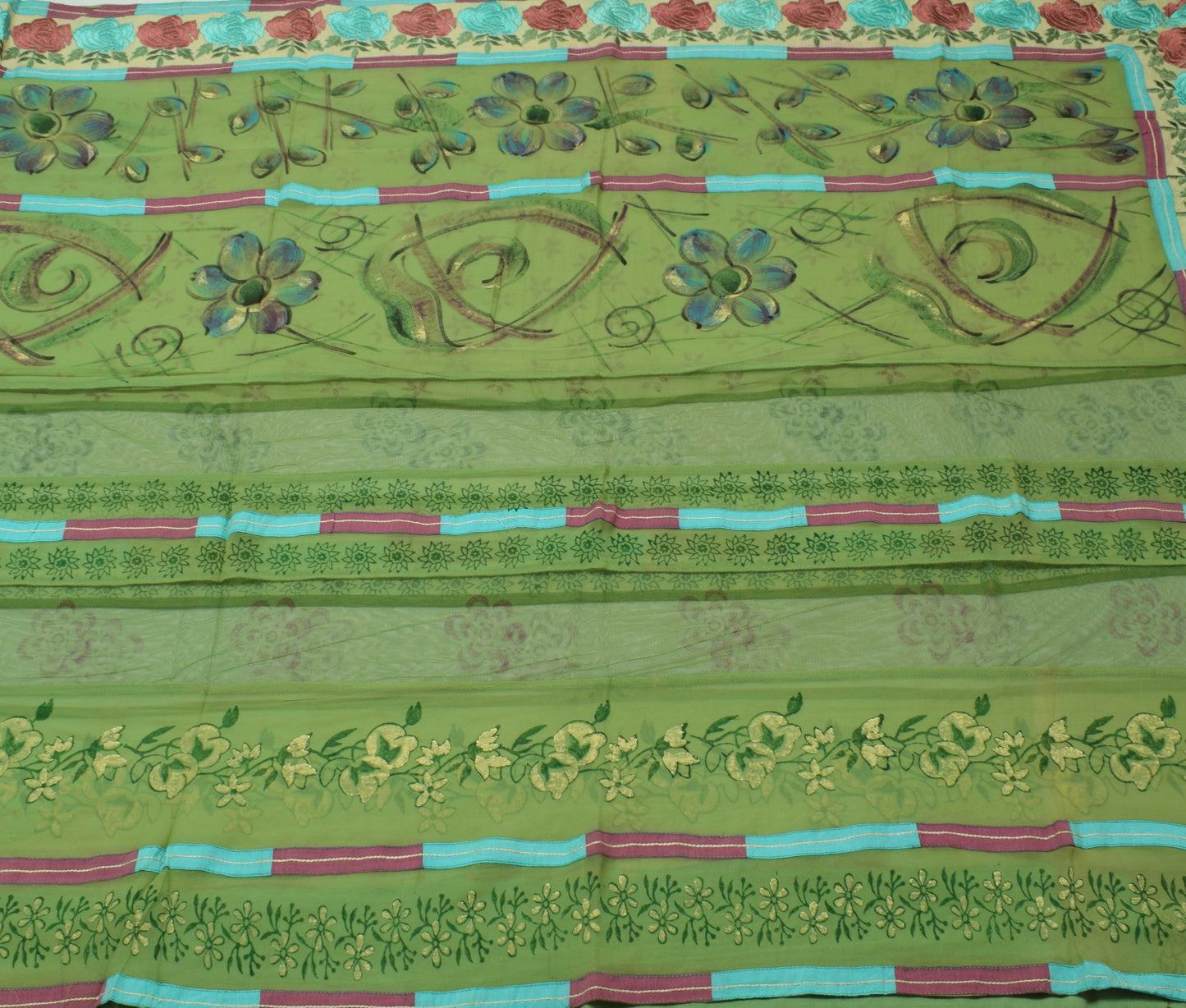 Sushila Vintage Green Saree Pure Georgette Silk Printed Floral Sari Craft Fabric