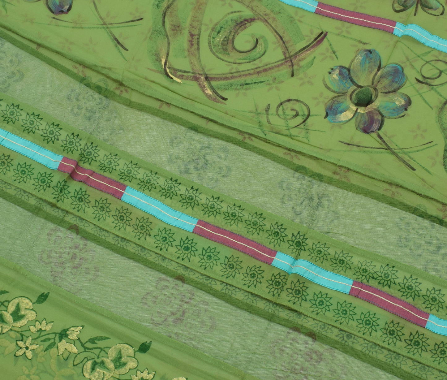 Sushila Vintage Green Saree Pure Georgette Silk Printed Floral Sari Craft Fabric