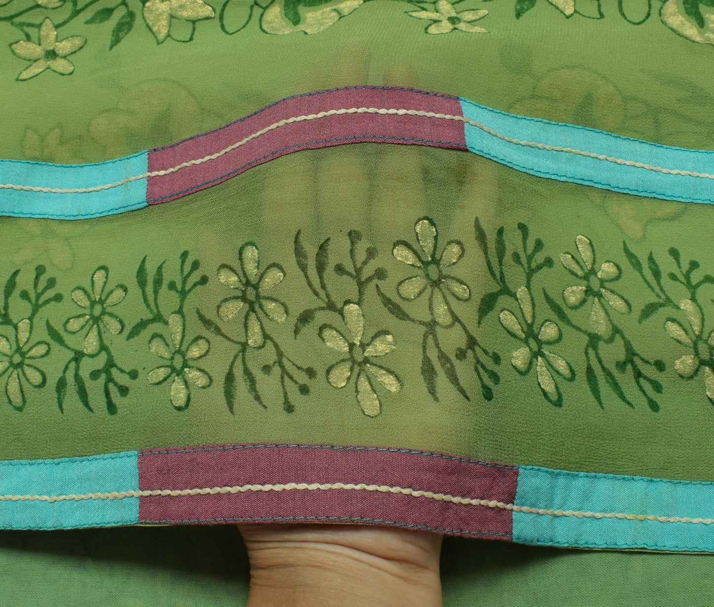 Sushila Vintage Green Saree Pure Georgette Silk Printed Floral Sari Craft Fabric