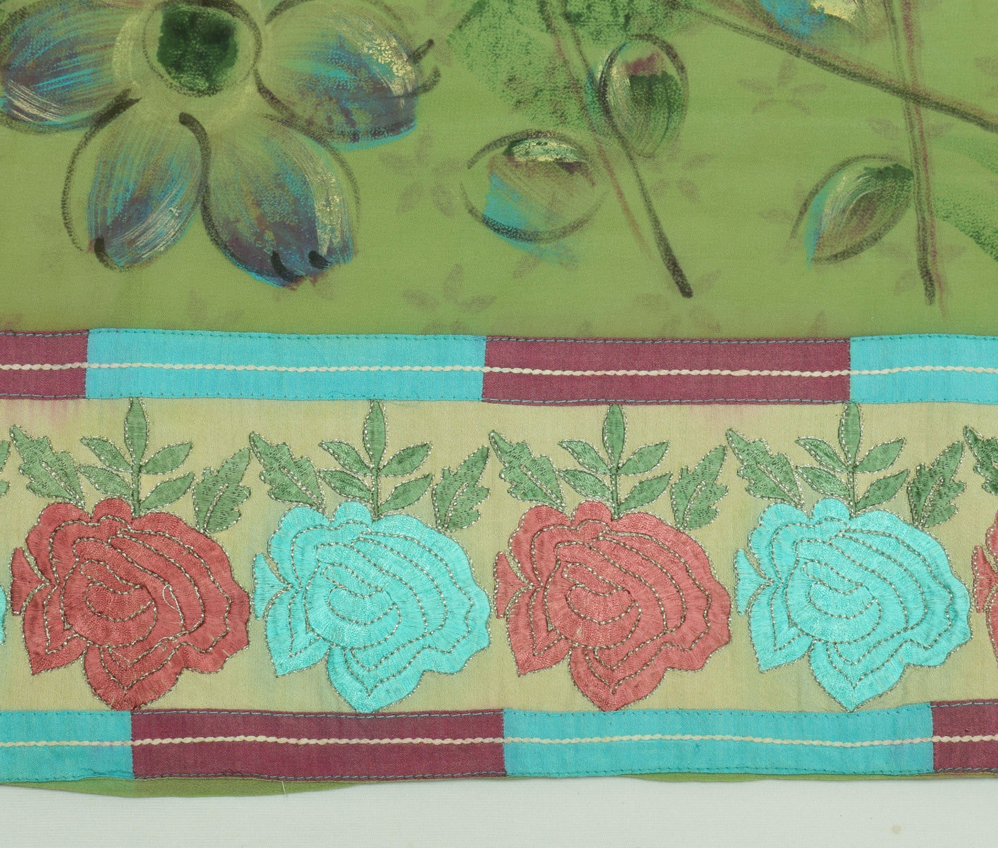 Sushila Vintage Green Saree Pure Georgette Silk Printed Floral Sari Craft Fabric