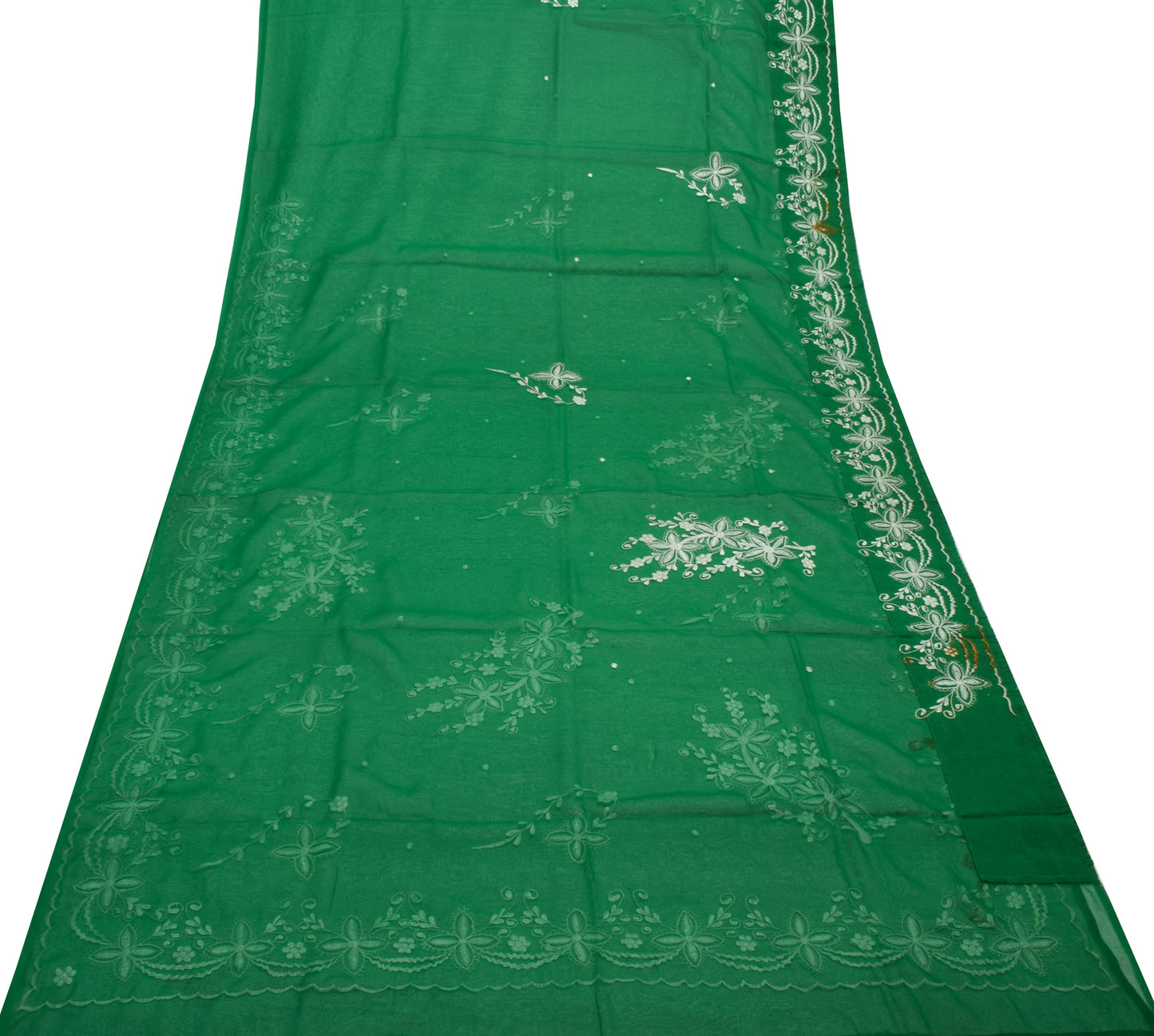 Sushila Vintage Green Saree Blend Georgette Silk Embroidered Floral Sari Fabric