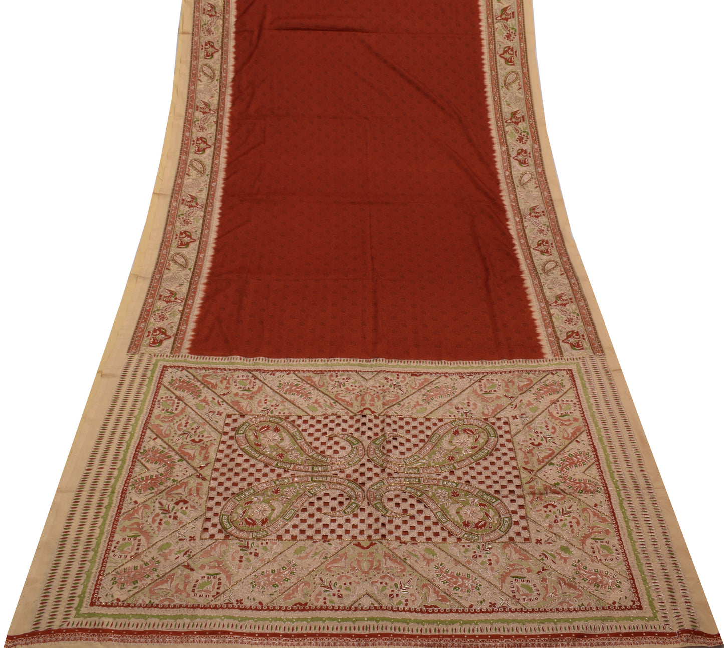 Sushila Vintage Indian Maroon Saree Blend Silk Printed Sari Craft 5 Yard Fabric