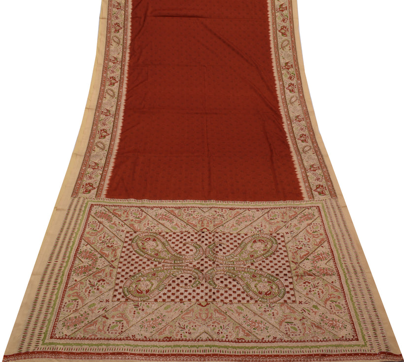 Sushila Vintage Indian Maroon Saree Blend Silk Printed Sari Craft 5 Yard Fabric