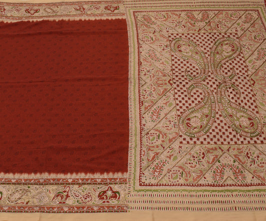 Sushila Vintage Indian Maroon Saree Blend Silk Printed Sari Craft 5 Yard Fabric