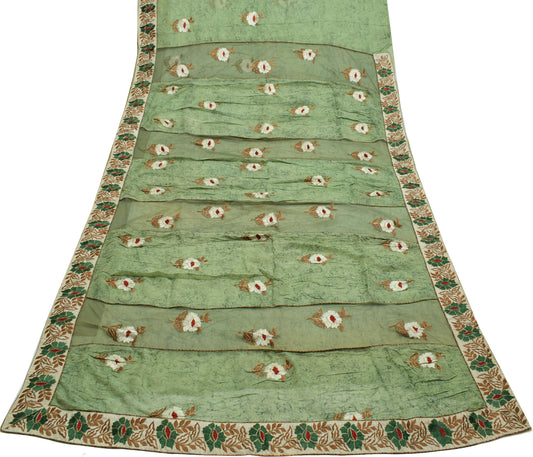 Sushila Vintage Green Saree Pure Georgette Silk Embroidered Floral Sari Fabric