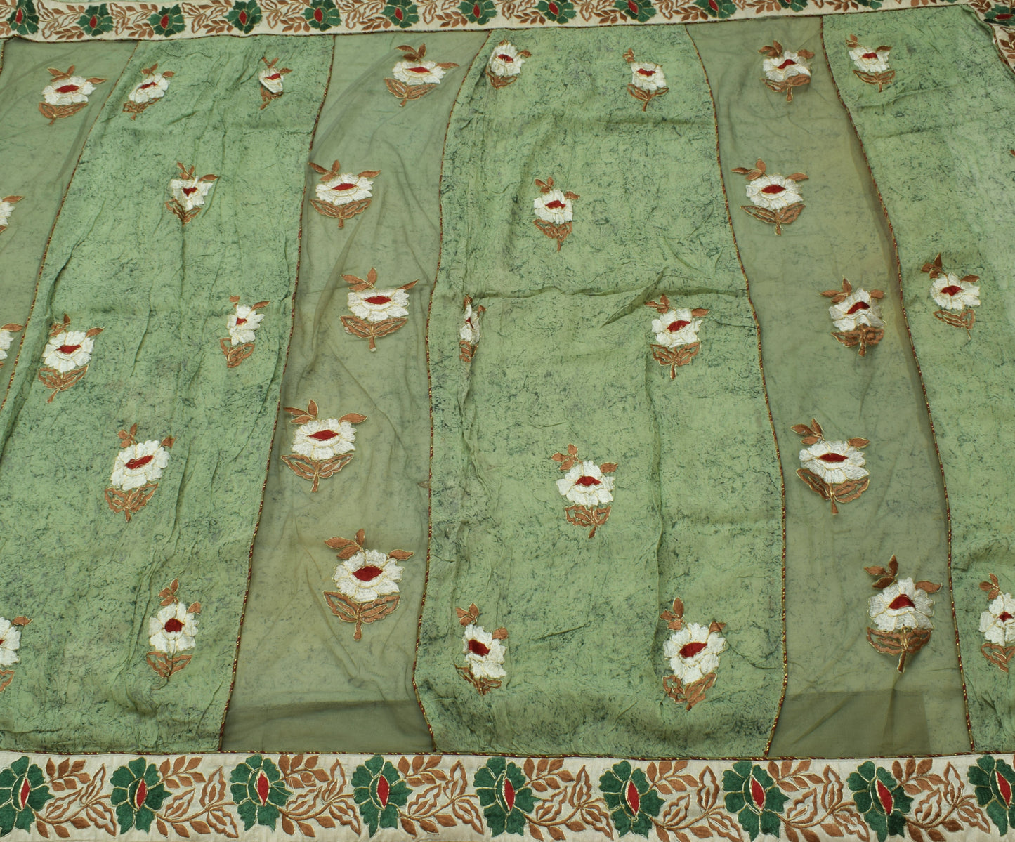 Sushila Vintage Green Saree Pure Georgette Silk Embroidered Floral Sari Fabric
