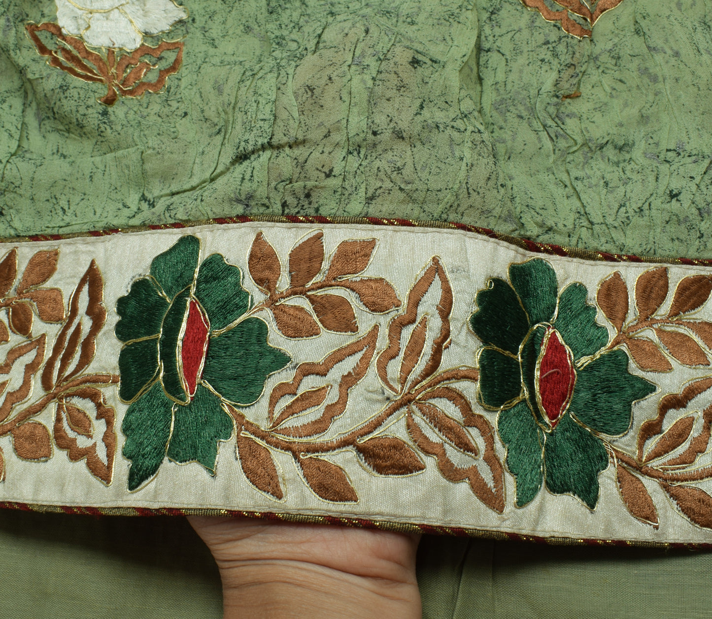 Sushila Vintage Green Saree Pure Georgette Silk Embroidered Floral Sari Fabric
