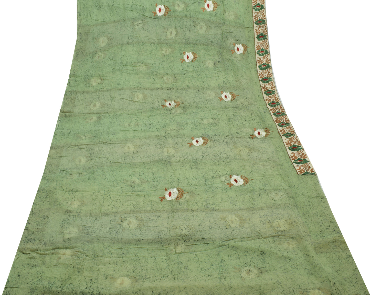 Sushila Vintage Green Saree Pure Georgette Silk Embroidered Floral Sari Fabric