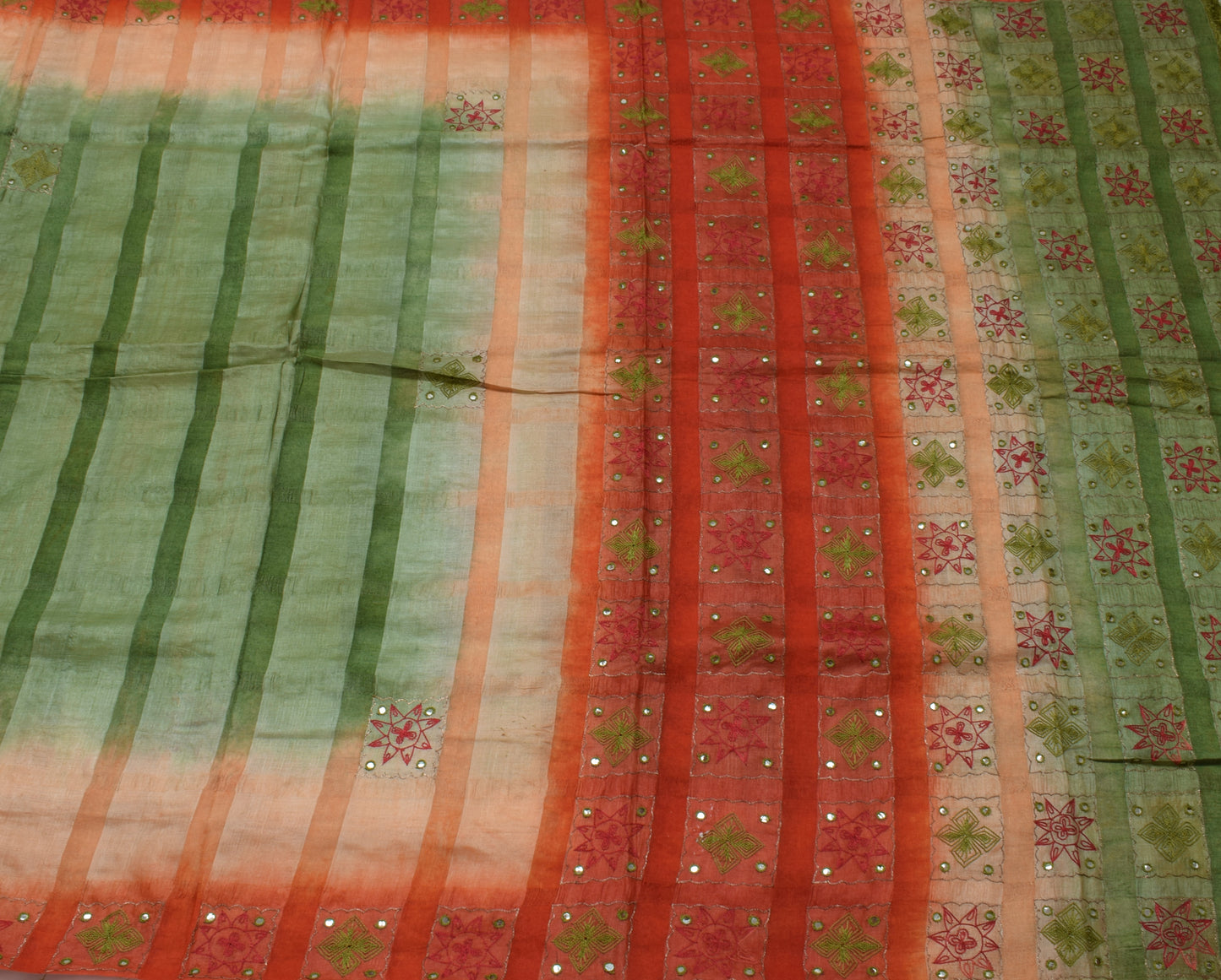 Sushila Vintage Green Saree 100% Pure Silk Woven & Embroidered Sari Craft Fabric