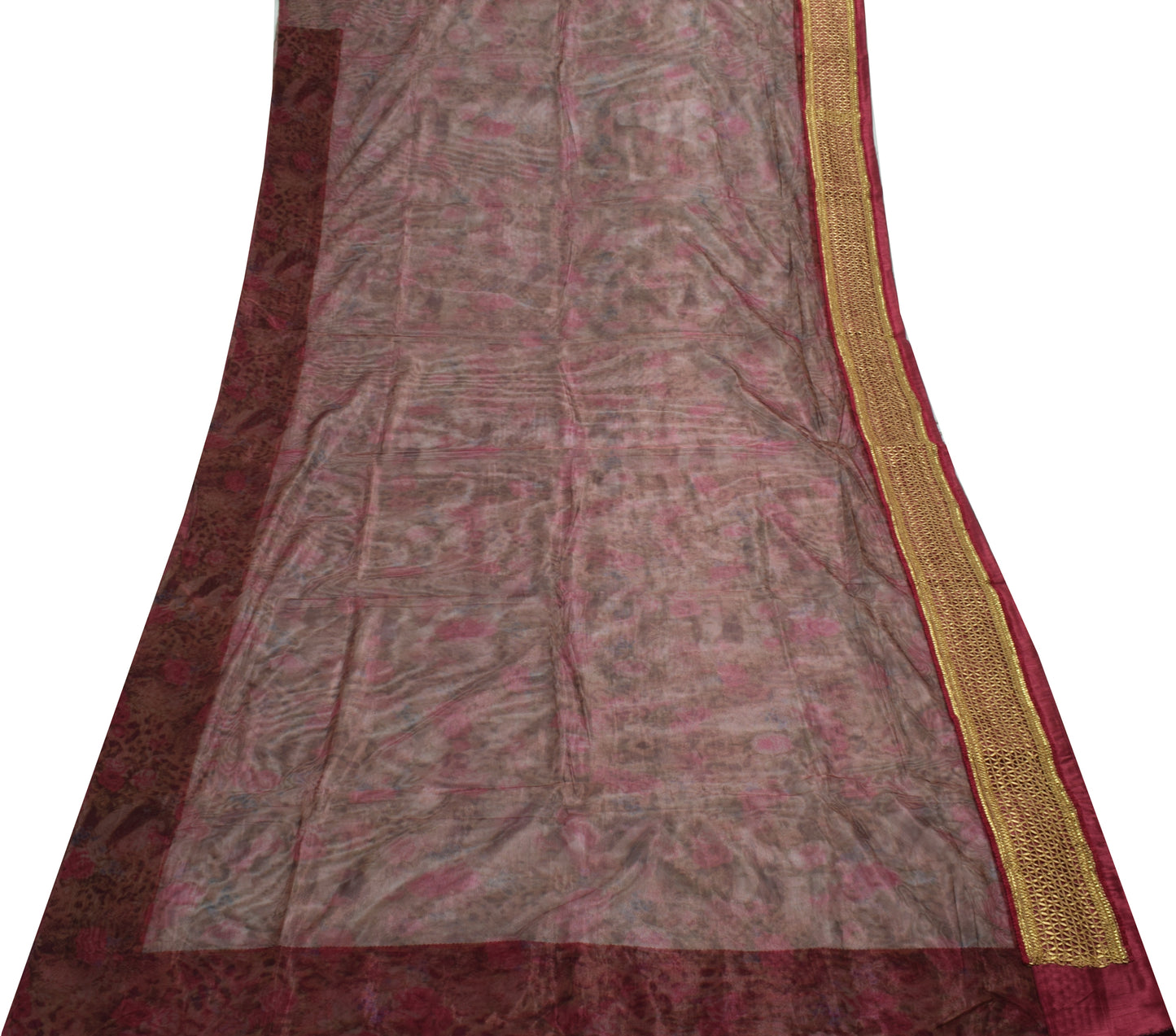 Sushila Vintage Indian Saree Net Mesh Printed Floarl Sari Craft 5 Yard Fabric