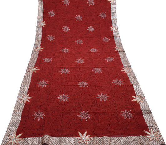 Sushila Vintage Maroon Saree Pure Georgette Silk Printed Floral Sari 5 YD Fabric