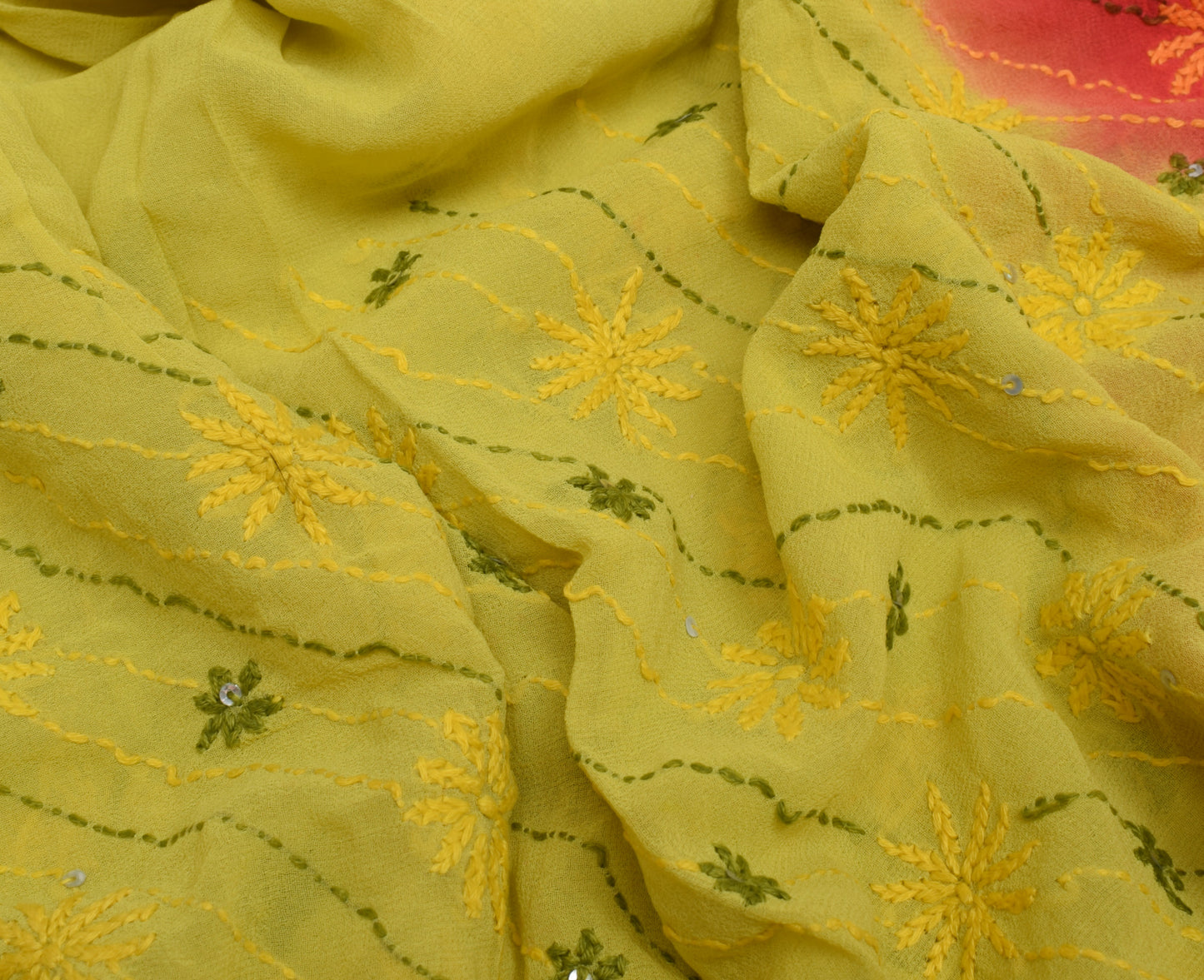 Sushila Vintage Indian Sari Pure Georgette Silk Phulkari Embroidered Sari Fabric