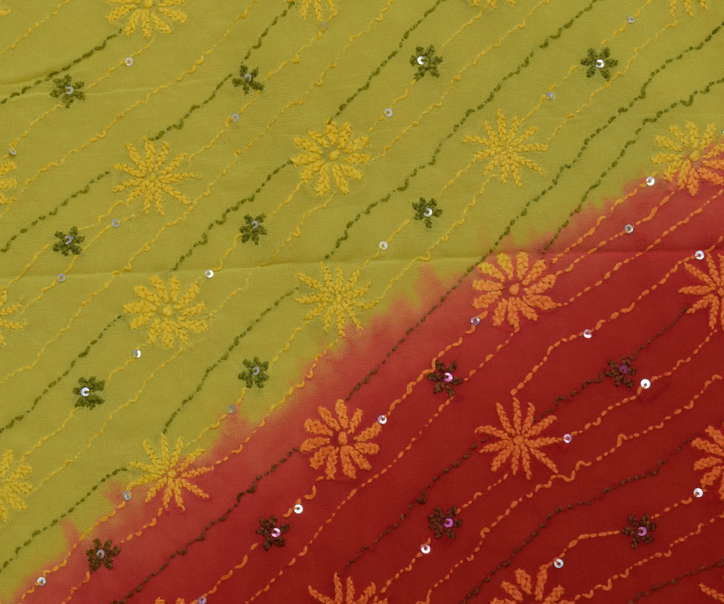 Sushila Vintage Indian Sari Pure Georgette Silk Phulkari Embroidered Sari Fabric