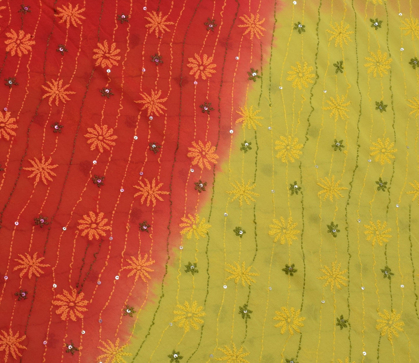 Sushila Vintage Indian Sari Pure Georgette Silk Phulkari Embroidered Sari Fabric