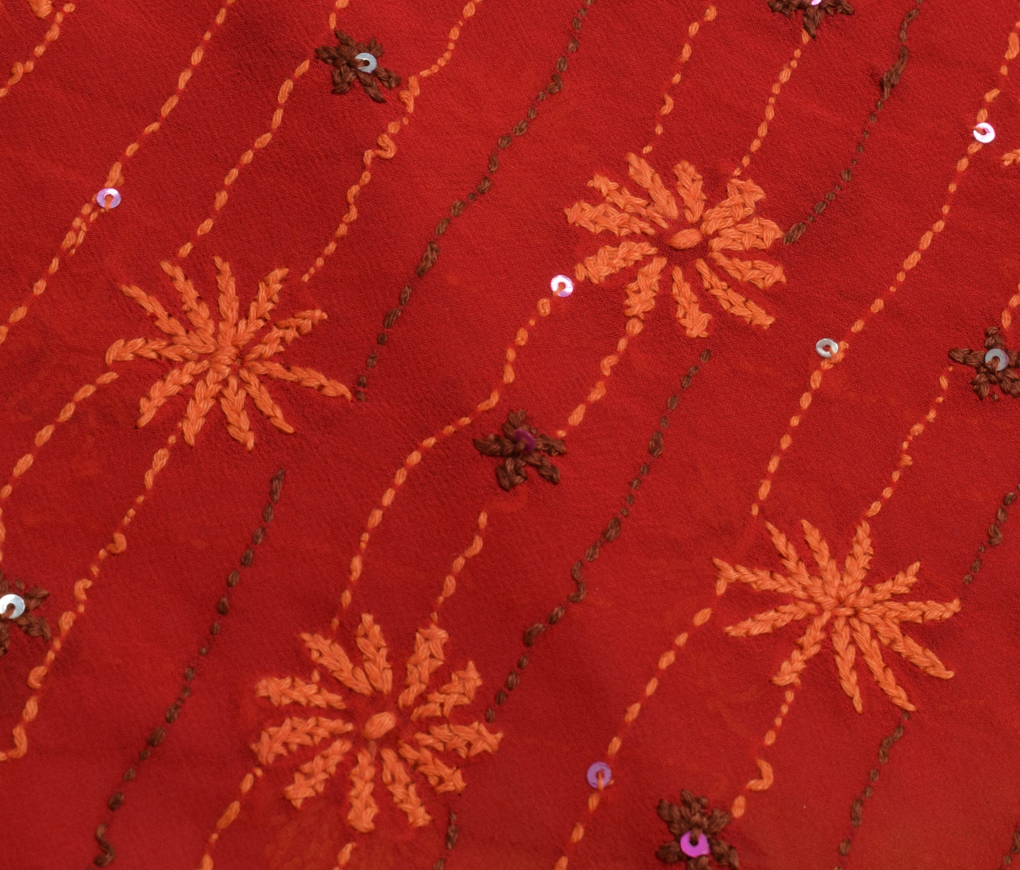 Sushila Vintage Indian Sari Pure Georgette Silk Phulkari Embroidered Sari Fabric