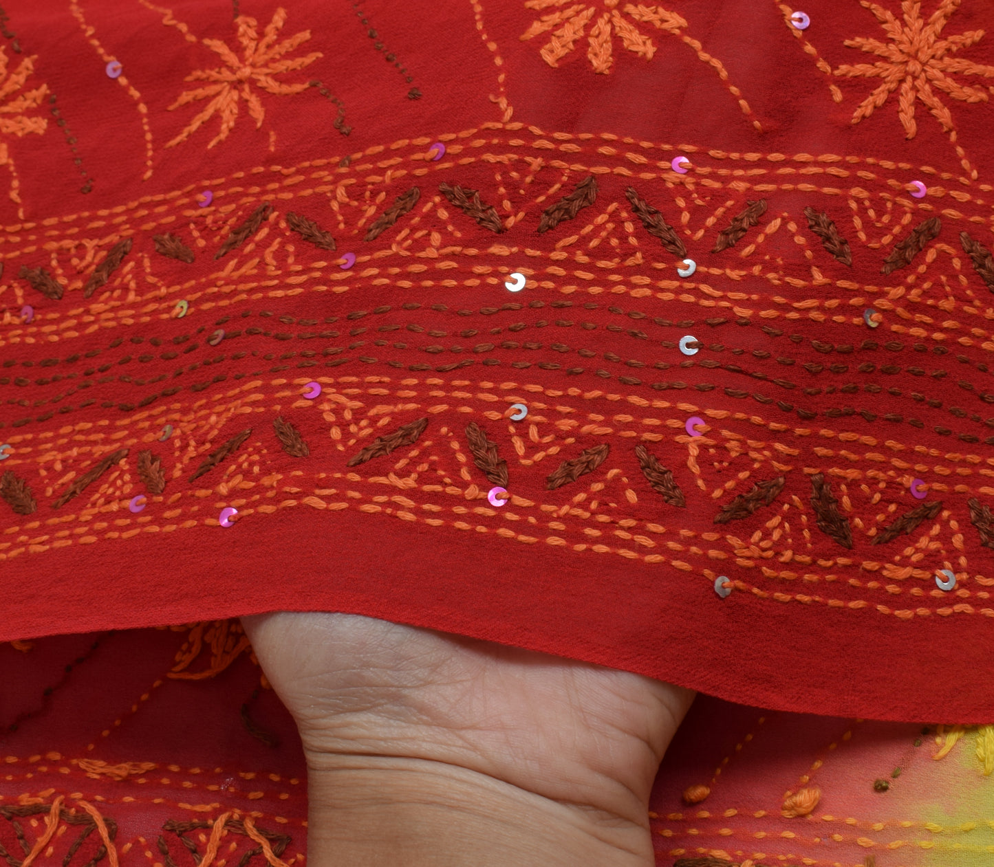 Sushila Vintage Indian Sari Pure Georgette Silk Phulkari Embroidered Sari Fabric