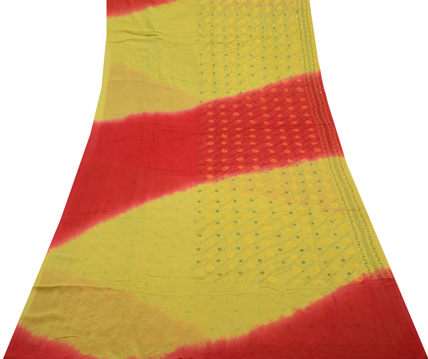 Sushila Vintage Indian Sari Pure Georgette Silk Phulkari Embroidered Sari Fabric