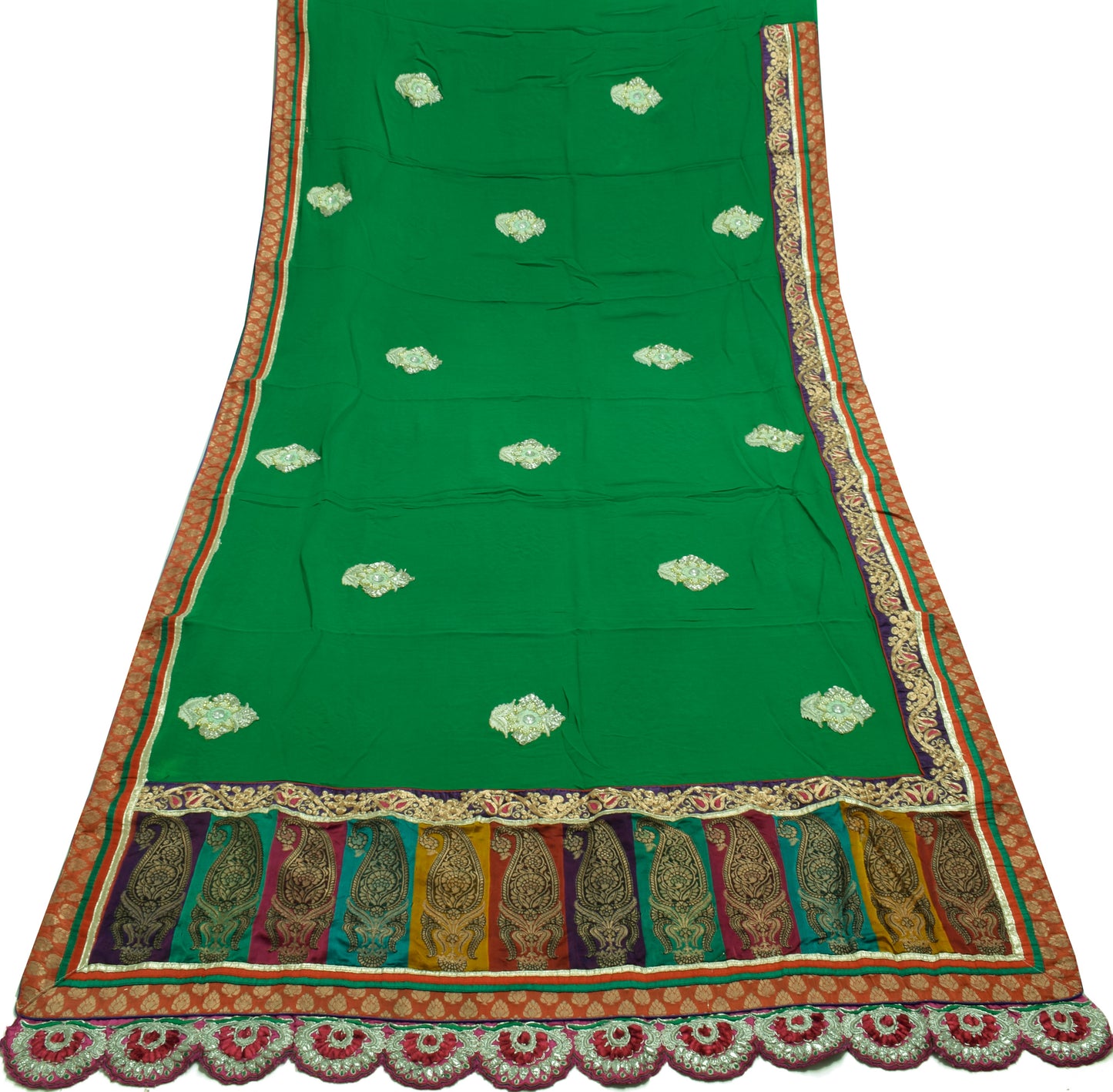 Sushila Vintage Green Saree Pure Georgette Silk Patch Work Sari Craft Fabric