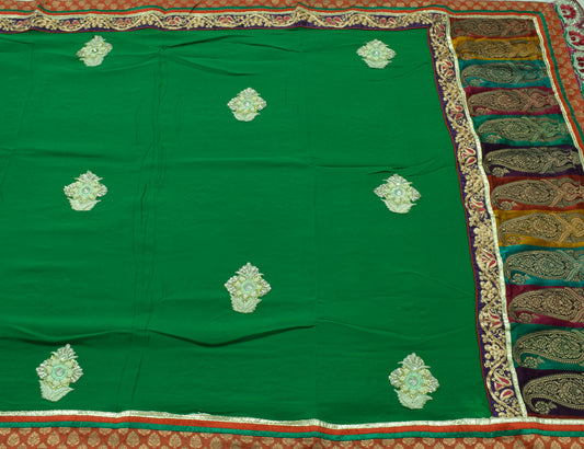 Sushila Vintage Green Saree Pure Georgette Silk Patch Work Sari Craft Fabric