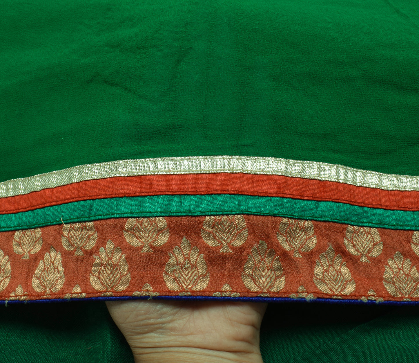 Sushila Vintage Green Saree Pure Georgette Silk Patch Work Sari Craft Fabric