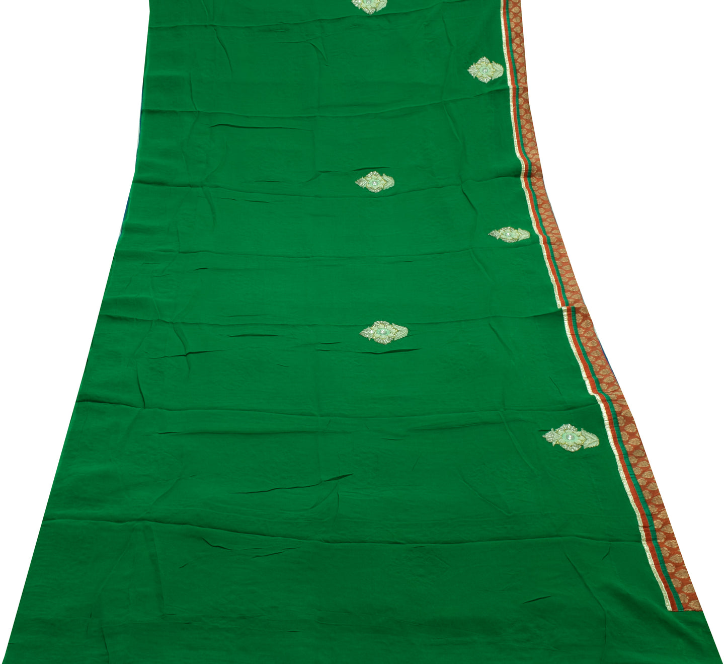 Sushila Vintage Green Saree Pure Georgette Silk Patch Work Sari Craft Fabric