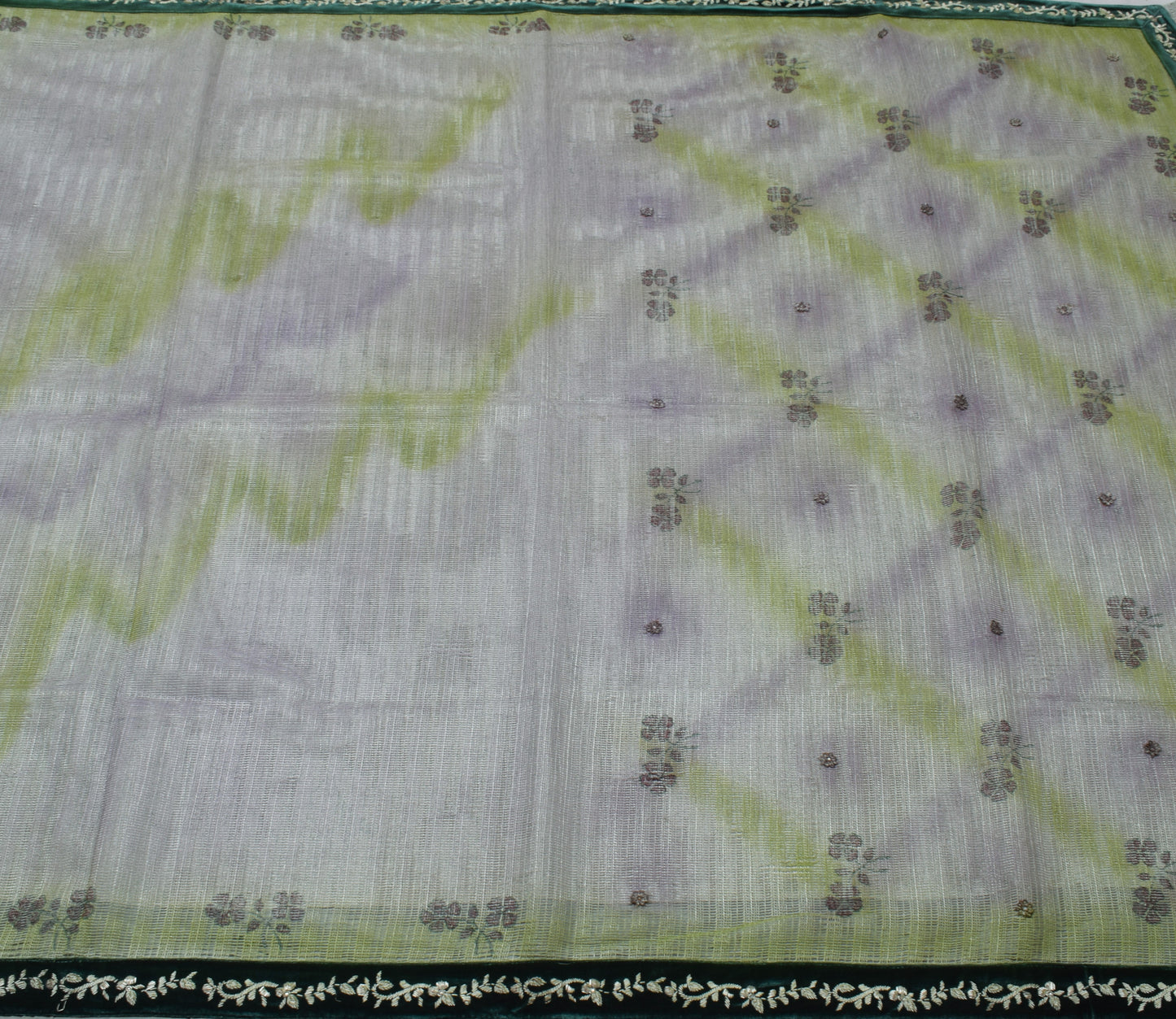 Sushila Vintage Indian Saree Net Mesh Hand Beaded Zardozi & Printed Sari Fabric