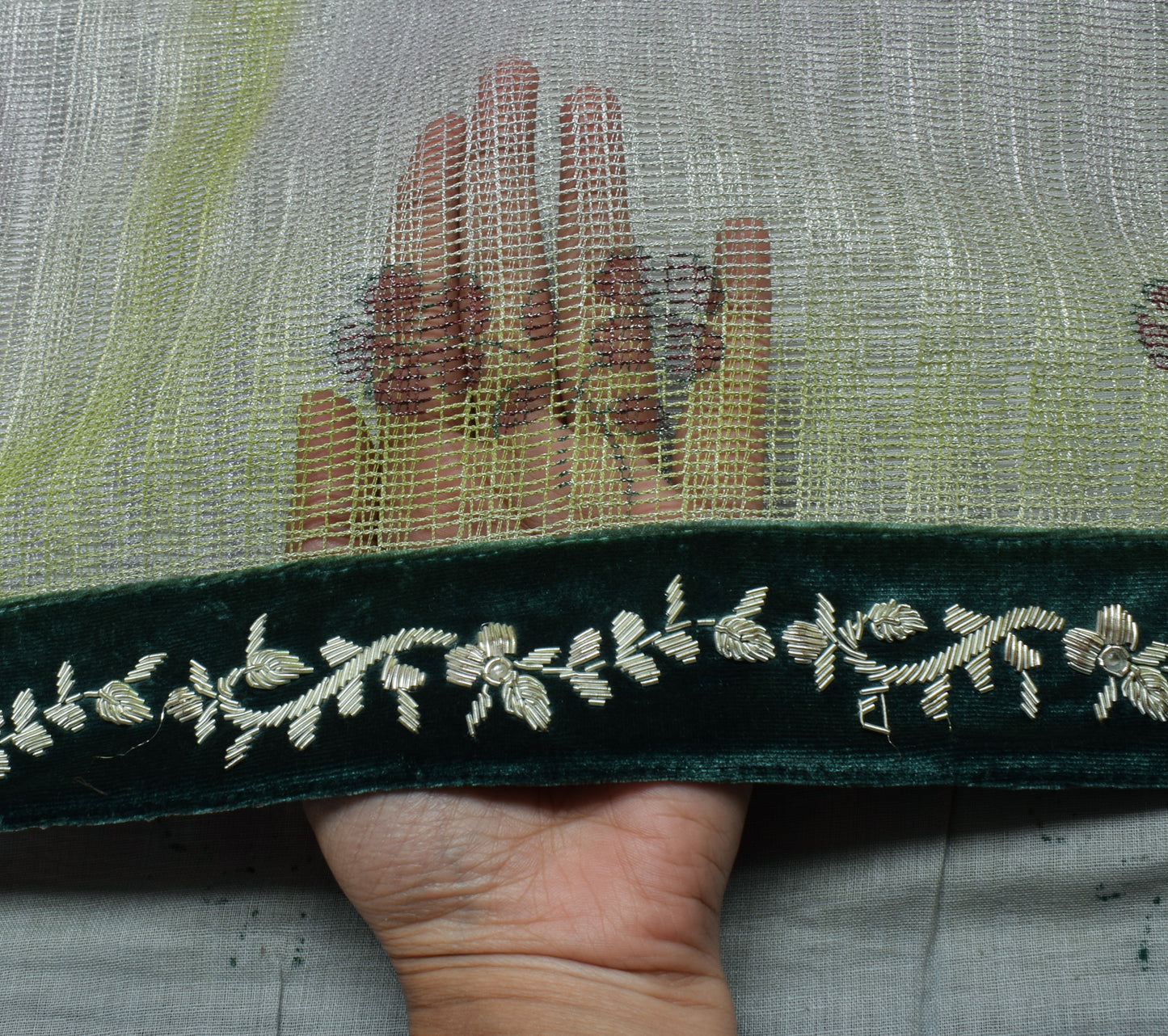 Sushila Vintage Indian Saree Net Mesh Hand Beaded Zardozi & Printed Sari Fabric