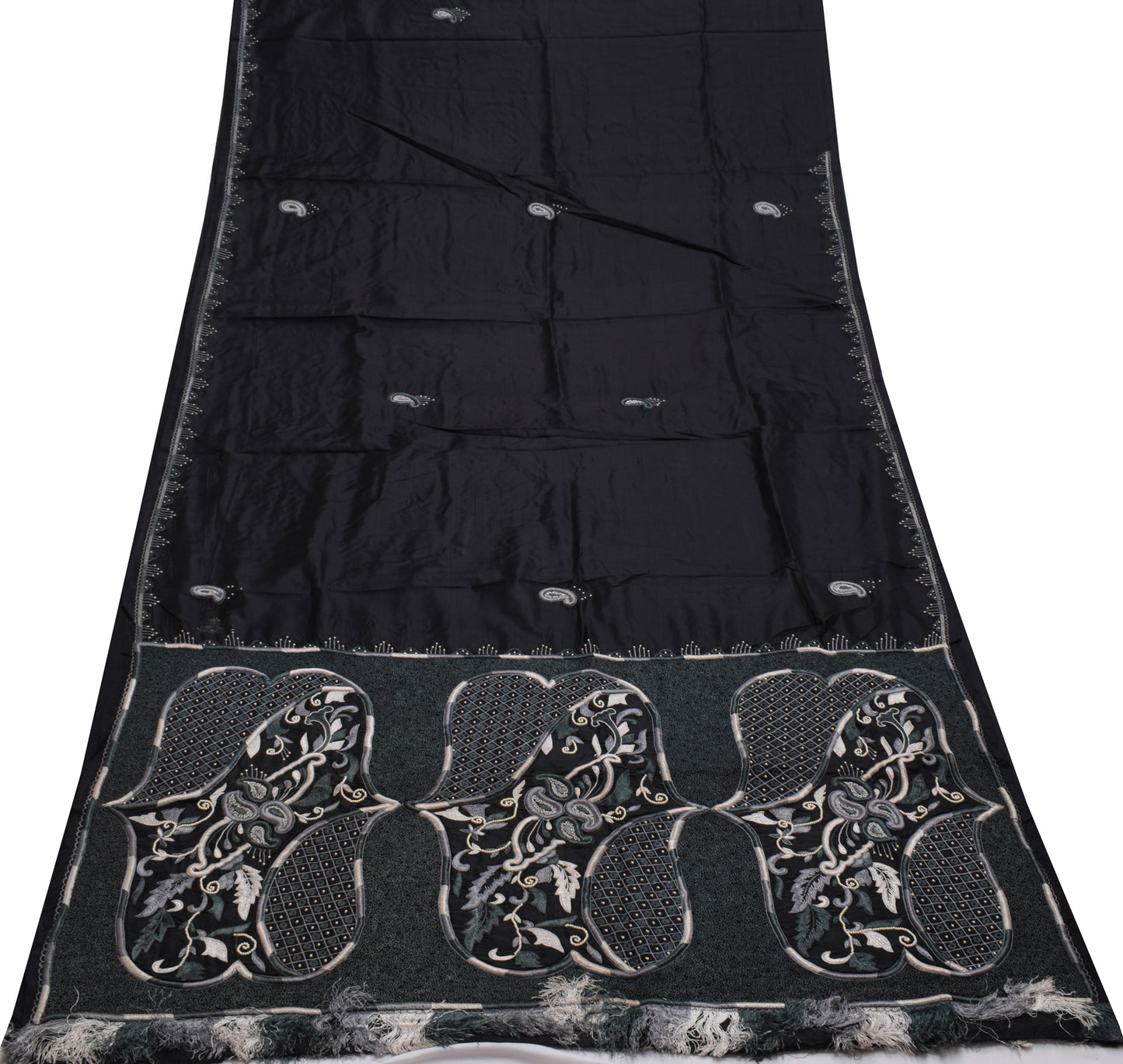 Sushila Vintage Indian Black Saree Pure Silk Embroidered Paisley Sari Fabric
