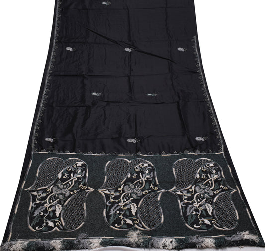 Sushila Vintage Indian Black Saree Pure Silk Embroidered Paisley Sari Fabric