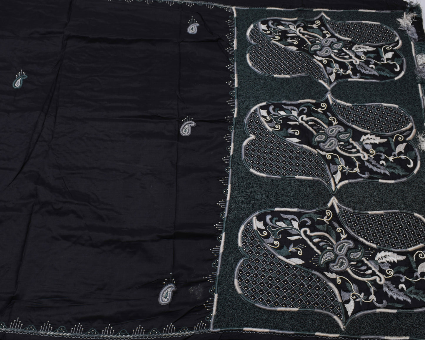 Sushila Vintage Indian Black Saree Pure Silk Embroidered Paisley Sari Fabric