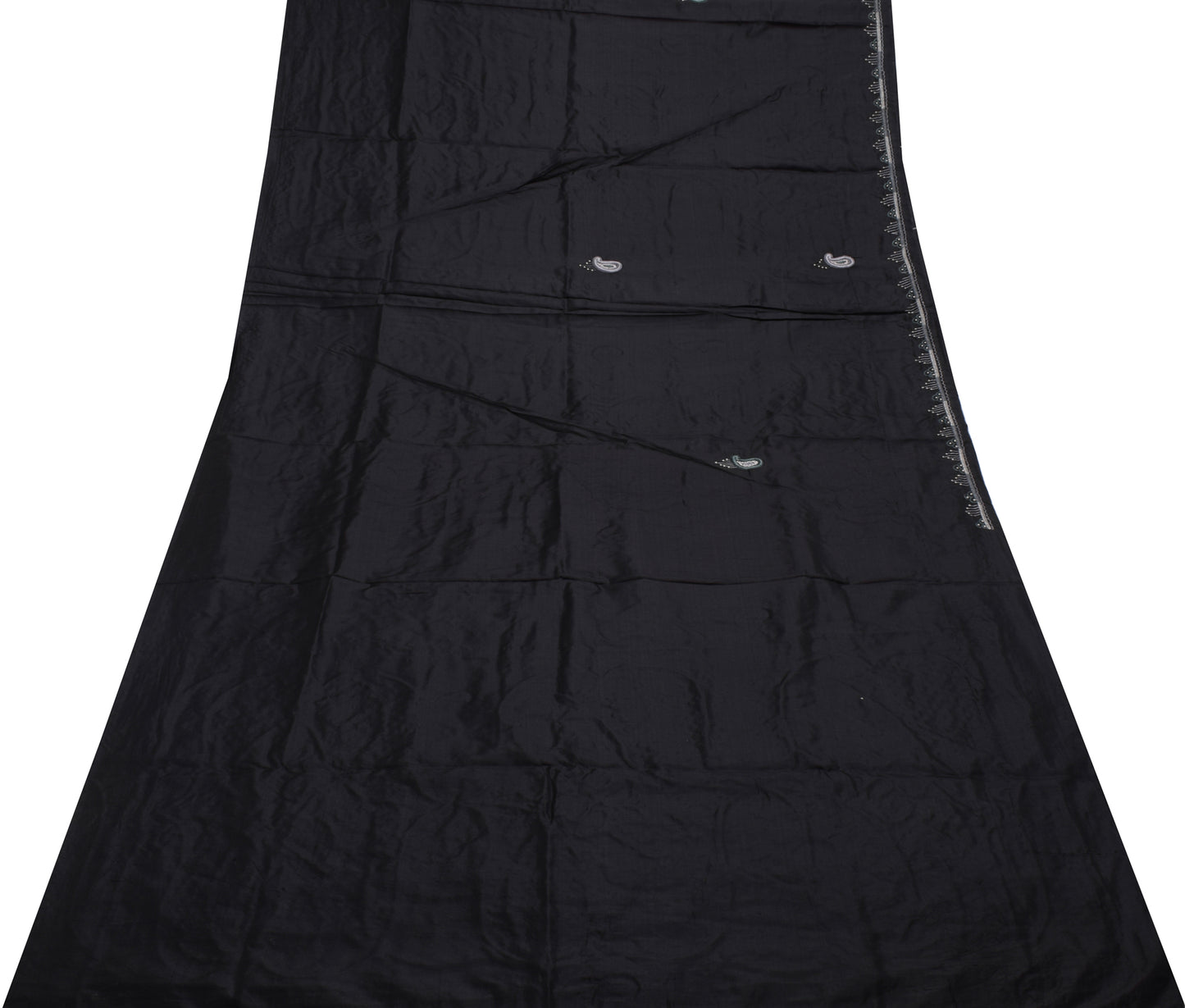 Sushila Vintage Indian Black Saree Pure Silk Embroidered Paisley Sari Fabric