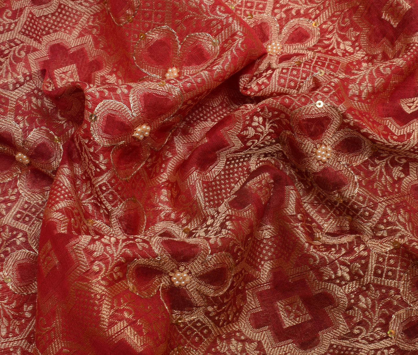 Sushila Vintage Red Saree Blend Silk Hand Beaded & Woven Sari Craft Fabric