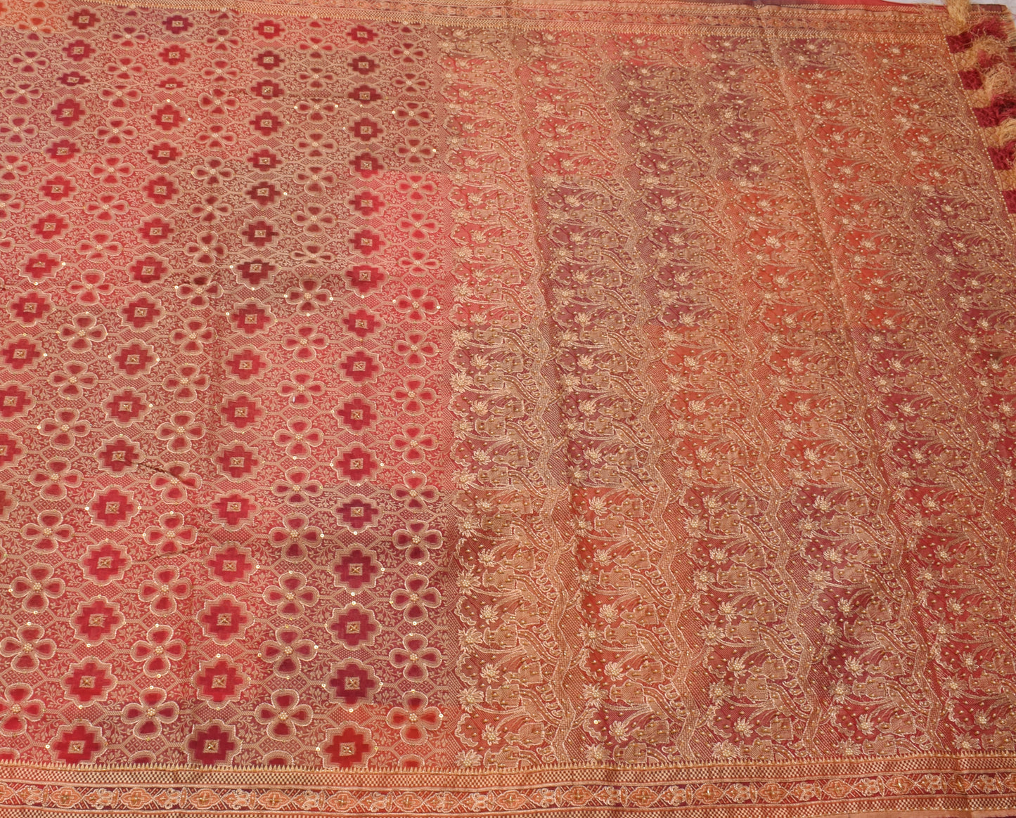 Sushila Vintage Red Saree Blend Silk Hand Beaded & Woven Sari Craft Fabric