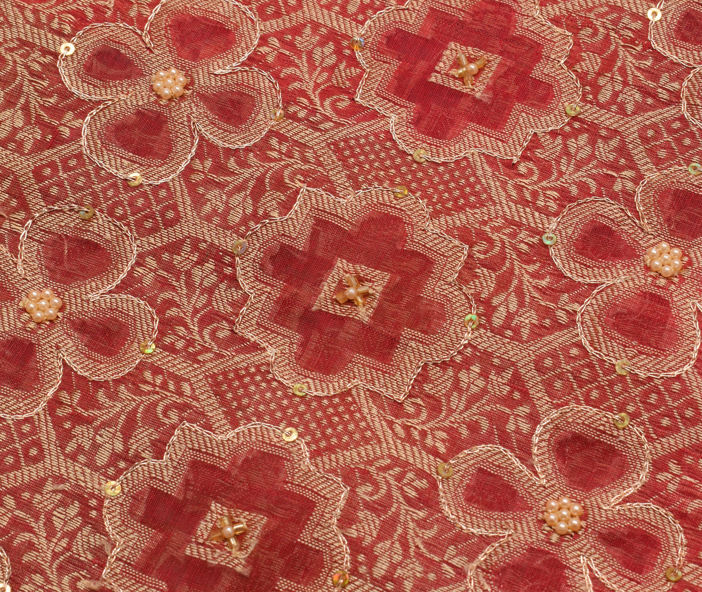 Sushila Vintage Red Saree Blend Silk Hand Beaded & Woven Sari Craft Fabric