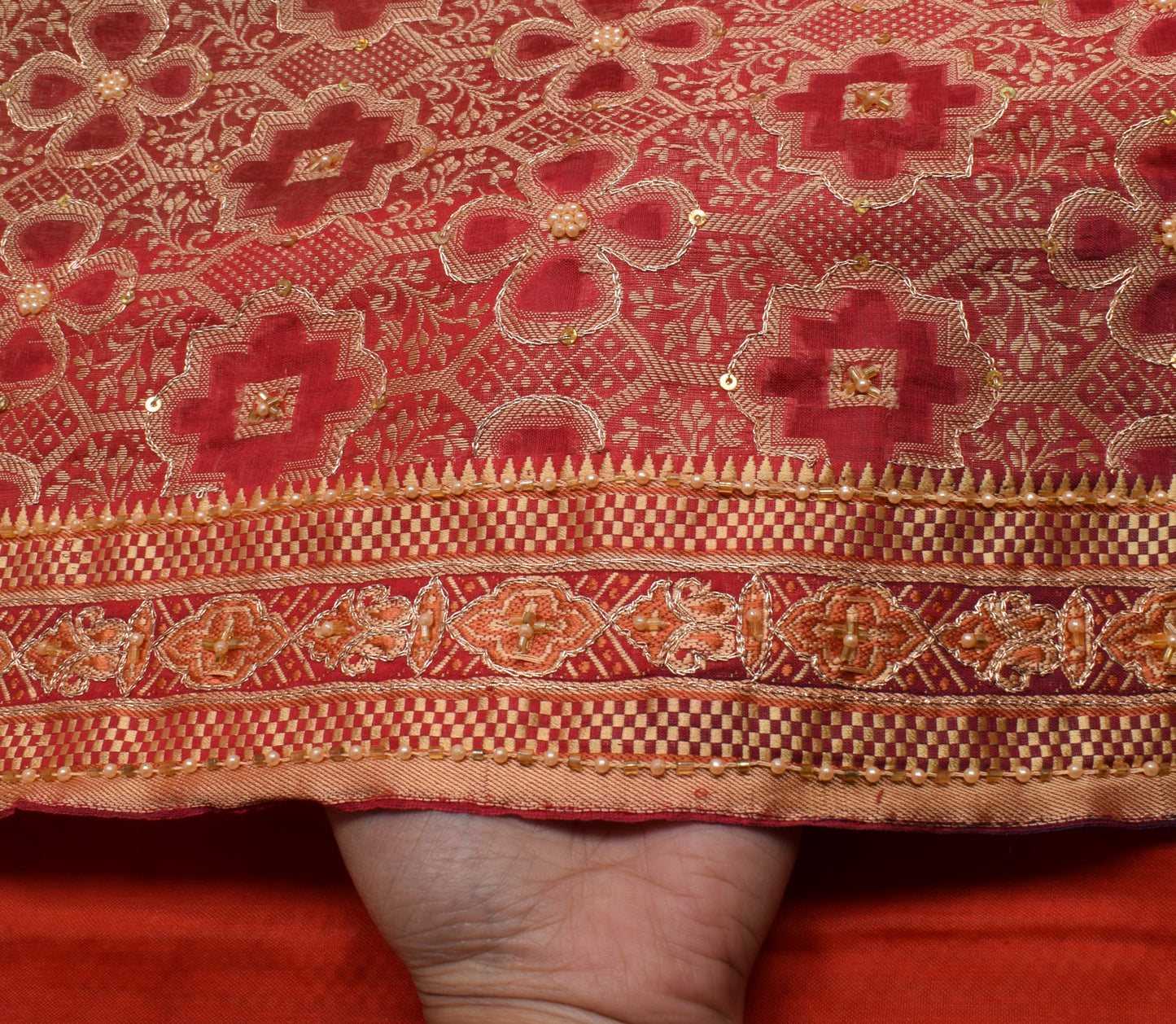 Sushila Vintage Red Saree Blend Silk Hand Beaded & Woven Sari Craft Fabric