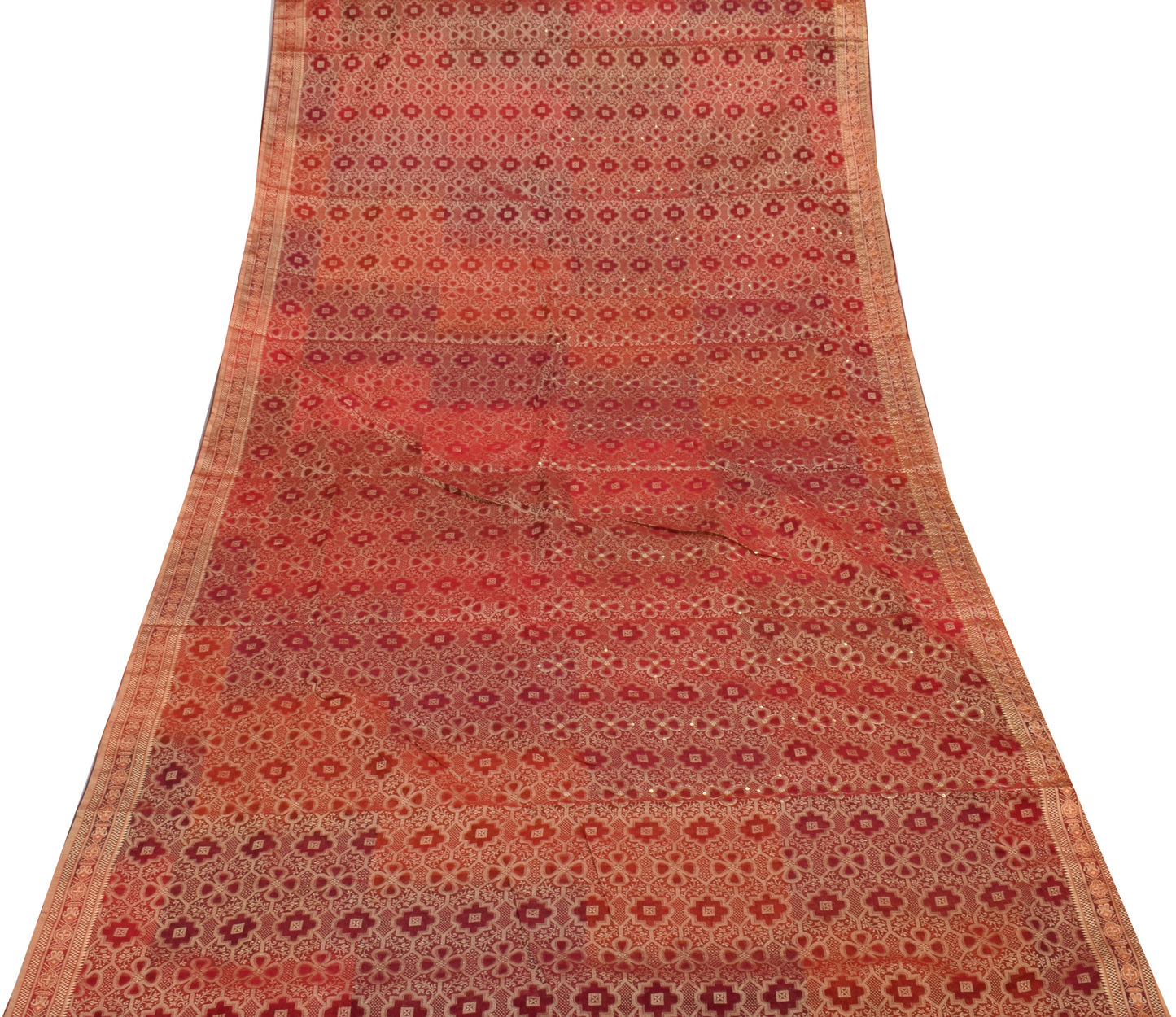 Sushila Vintage Red Saree Blend Silk Hand Beaded & Woven Sari Craft Fabric