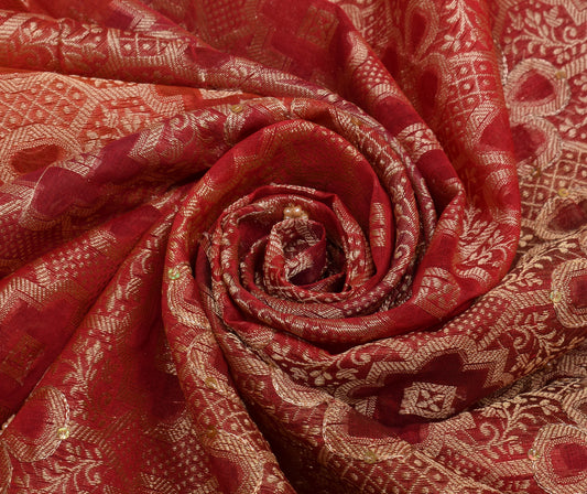 Sushila Vintage Red Saree Blend Silk Hand Beaded & Woven Sari Craft Fabric