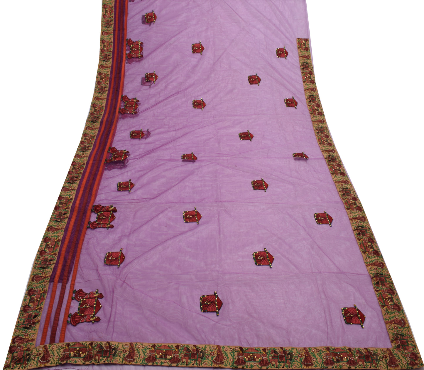 Sushila Vintage Indian Purple Saree Net Mesh Patch Work Sari Craft 5 Yard Fabric