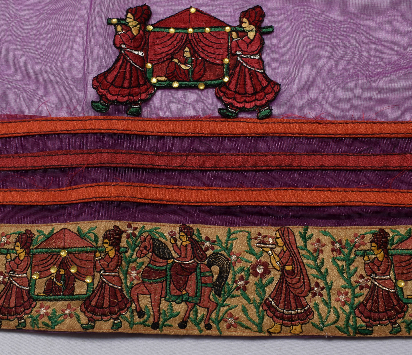 Sushila Vintage Indian Purple Saree Net Mesh Patch Work Sari Craft 5 Yard Fabric