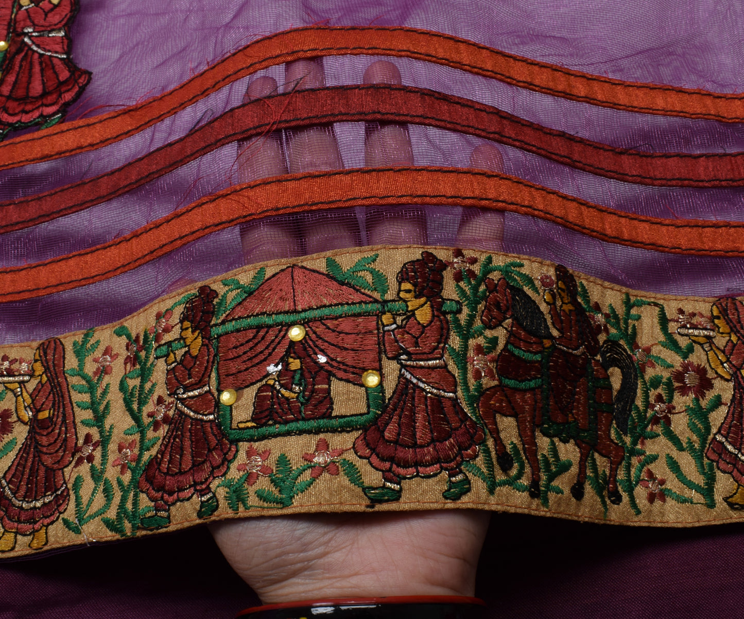 Sushila Vintage Indian Purple Saree Net Mesh Patch Work Sari Craft 5 Yard Fabric